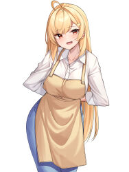 Rule 34 | :d, absurdres, ahoge, apron, arms behind back, blonde hair, blue pants, breasts, collared shirt, denim, feet out of frame, highres, jeans, jingburger, large breasts, long hair, looking at viewer, open mouth, pants, red eyes, shirt, simple background, smile, solo, standing, very long hair, virtual youtuber, waktaverse, white background, white shirt, yellow apron, ziro (zirorong)
