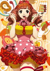 Rule 34 | 1girl, breasts, brown eyes, brown hair, curly hair, food, fork, headset, heart, heart-shaped pupils, highres, large breasts, mashita kanami, official art, persona, persona 4, persona 4: dancing all night, persona dancing, puffy shorts, shorts, shorts under skirt, solo, spoon, symbol-shaped pupils, twintails, visor cap, wristband