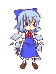Rule 34 | 1girl, arms at sides, bow, chibi, cirno, embodiment of scarlet devil, female focus, full body, mogito, simple background, socks, solo, standing, touhou, triangle mouth, white background