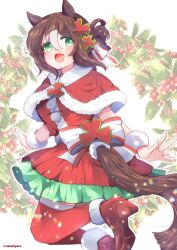 Rule 34 | 1girl, :d, animal ears, bow, brown hair, capelet, christmas, clover hair ornament, clover ornament, commentary, dress, fine motion (umamusume), floating, frilled dress, frills, from side, fur-trimmed capelet, fur cuffs, fur trim, green eyes, hair ornament, half updo, high heels, highres, holly, horse ears, horse girl, horse tail, legs up, light particles, looking at viewer, looking back, medium hair, multicolored hair, namatyoco, open mouth, red capelet, red dress, red footwear, red thighhighs, short dress, smile, solo, standing, tail, thighhighs, twitter username, two-tone hair, umamusume, white bow, white hair, wreath