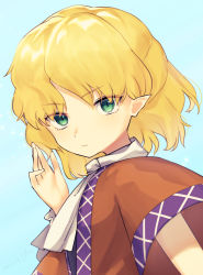 Rule 34 | 1girl, arm warmers, blonde hair, blue background, breasts, brown dress, closed mouth, commentary request, dress, eyes visible through hair, hand up, highres, kisamu (ksmz), looking at viewer, medium breasts, mizuhashi parsee, open clothes, open dress, pointy ears, scarf, short hair, short sleeves, simple background, solo, touhou, upper body, white scarf