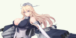Rule 34 | 1girl, absurdres, ahoge, blonde hair, blue eyes, blush, breasts, cleavage, closed mouth, collar, detached sleeves, hair between eyes, highres, iowa (kancolle), kantai collection, large breasts, long hair, looking at viewer, metal collar, odachu, rigging, sidelocks, simple background, smile, solo, star-shaped pupils, star (symbol), symbol-shaped pupils, turret, white background