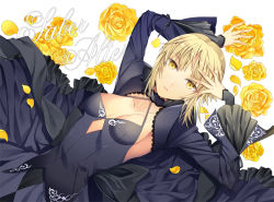 Rule 34 | 1girl, artoria pendragon (fate), bad id, bad pixiv id, black dress, blonde hair, breasts, character name, cleavage, dress, ells, fate/stay night, fate (series), flower, frilled dress, frilled sleeves, frills, lolita fashion, open mouth, rose, saber (fate), saber alter, solo, yellow eyes, yellow flower, yellow rose