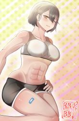 Rule 34 | azur lane, baltimore (azur lane), baltimore (black ace) (azur lane), black hair, blush, bobby jack, breasts, brown hair, cleavage, commentary request, highres, large breasts, looking at viewer, muscular, muscular female, short hair, signature, simple background, solo, sportswear, yellow eyes
