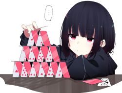 Rule 34 | ..., 1girl, ace (playing card), ace of diamonds, ace of hearts, black hair, bob cut, card, commentary, diamond (shape), heart, hood, hoodie, house of cards, ichiki 1, jack (playing card), jack of diamonds, joker (playing card), original, pink eyes, playing card, queen (playing card), queen of hearts (playing card), short hair, solo, spoken ellipsis, white background