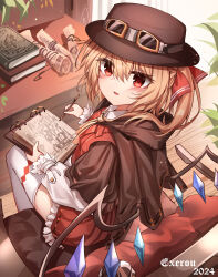 Rule 34 | 1girl, absurdres, alternate costume, ascot, blonde hair, cape, chair, dress, eyewear on head, flandre scarlet, from behind, full body, goggles, hat, highres, looking at viewer, pencil, ponytail, red dress, red eyes, sitting, sketch, solo, table, top-exerou, touhou, yellow ascot