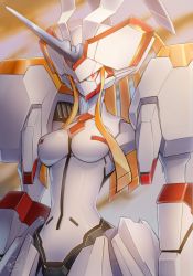 Rule 34 | 10s, :&lt;, breasts, commentary request, darling in the franxx, doyouwantto, horns, humanoid robot, looking at viewer, mecha, no humans, red eyes, robot, signature, single horn, strelizia, upper body
