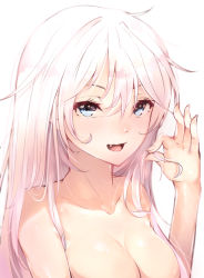 Rule 34 | 1girl, :d, absurdres, bad id, bad pixiv id, blue eyes, blush, breasts, cleavage, collarbone, fang, fingernails, hair between eyes, highres, hplay, large breasts, long fingernails, long hair, looking at viewer, open mouth, original, out-of-frame censoring, pink hair, simple background, smile, solo, tooth, upper body, white background