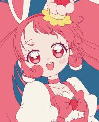 Rule 34 | 1girl, aji fry, animal ears, blush, bow, cake hair ornament, choker, commentary request, cure whip, earrings, extra ears, food-themed hair ornament, food-themed ornament, fruit brooch, hair ornament, highres, jewelry, kirakira precure a la mode, long hair, magical girl, open mouth, pink choker, pink hair, pom pom (clothes), pom pom earrings, precure, rabbit ears, red eyes, smile, solo, strawberry brooch, twintails, usami ichika