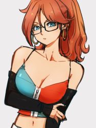 1girl adapted_costume alternate_hairstyle android_21 black_nails blue_eyes breasts cleavage detached_sleeves dragon_ball dragon_ball_fighterz earrings glasses grey_background hair_between_eyes hoop_earrings jewelry kemachiku large_breasts looking_at_viewer midriff nail_polish navel ponytail red_hair short_hair simple_background solo zipper