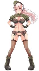 Rule 34 | 1girl, ankle boots, black bow, black bra, black gloves, black panties, black thighhighs, blush, boots, bow, bra, breasts, cleavage, fingerless gloves, frilled sleeves, frills, full body, garrison cap, garter belt, gloves, gluteal fold, green footwear, green hat, hair between eyes, hands on own hips, hat, headphones, highres, large breasts, legs apart, lingerie, long hair, looking at viewer, navel, nipples, nitroplus, panties, pigeon-toed, pink eyes, pink hair, puffy short sleeves, puffy sleeves, see-through, short sleeves, simple background, smile, solo, spikes, star (symbol), stomach, super sonico, tareme, thighhighs, transparent background, underwear, v-mag, white background