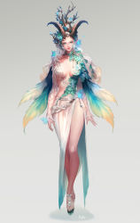 Rule 34 | 1girl, absurdres, artist name, blue butterfly, blue eyes, breasts, bug, butterfly, cleavage, dryad, full body, hair ornament, high heels, highres, horns, bug, jewelry, jrobinkim, leaf hair ornament, medium breasts, necklace, original, pointy ears, sandals, simple background, solo, standing, straight-on