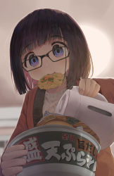 Rule 34 | 1girl, black-framed eyewear, black hair, blue eyes, blurry, blurry background, commentary request, cup ramen, depth of field, food, food in mouth, glasses, highres, holding, indoors, mimikaki (men bow), mouth hold, multicolored hair, open clothes, original, pink hair, pouring, ribbed shirt, shirt, solo, two-tone hair, upper body, white shirt