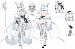 Rule 34 | 1girl, animal ears, ass, back, bare shoulders, belt, black belt, boots, breasts, buttons, closed mouth, collar, commentary request, detached sleeves, floral print, flower, from behind, full body, grey eyes, hat, hat flower, highres, long hair, looking at viewer, original, pouch, rapier, shokuen (oxstl), simple background, smile, standing, sword, thighhighs, translation request, very long sleeves, watch, weapon, white background, white flower, white footwear, white hair, white headwear, white thighhighs, wide sleeves