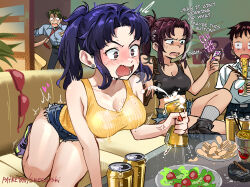 Rule 34 | 2girls, 3girls, alcohol, arm support, bare legs, bare shoulders, beer, beer can, bent over, black lagoon, blue hair, blush, breasts, can, cigarette, cleavage, collarbone, comic, controller, couch, covered erect nipples, crossed legs, crossover, crushed can, cutoffs, dashed eyes, denim, denim shorts, drink can, drooling, ear piercing, eating, english text, food, hair intakes, ikari shinji, indoors, kaji ryouji, katsuragi misato, large breasts, long hair, multiple girls, necktie, necktie grab, neckwear grab, neon genesis evangelion, noodles, open mouth, orange eyes, orange shirt, party, patreon username, piercing, ponytail, purple hair, red nails, remote control, remote control vibrator, revy (black lagoon), ribbed shirt, sanpaku, sex toy, shirt, shoes, short shorts, shorts, sidelocks, sneakers, snegovski, sound effects, souryuu asuka langley, sports bra, surprised, tank top, thigh gap, twitching, vibrator, wavy mouth