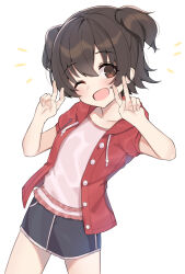 Rule 34 | 1girl, aa211108, akagi miria, black hair, black skirt, blush, brown eyes, buttons, child, collarbone, commentary, cowboy shot, dot nose, double v, drawstring, flat chest, frilled shirt, frills, hair between eyes, hands up, highres, hood, hooded jacket, idolmaster, idolmaster cinderella girls, idolmaster cinderella girls u149, jacket, looking at viewer, miniskirt, notice lines, one eye closed, open clothes, open jacket, open mouth, pink shirt, red jacket, shirt, short hair, short sleeves, short twintails, sidelocks, skirt, smile, solo, thighs, twintails, v, white background