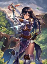 Rule 34 | 1girl, armor, ayra (fire emblem), belt, black hair, bracelet, closed mouth, cuboon, elbow gloves, eyebrows, fire emblem, fire emblem: genealogy of the holy war, fire emblem cipher, gloves, grass, holding, holding sword, holding weapon, jewelry, leaf, long hair, nintendo, official art, outdoors, pelvic curtain, plant, purple eyes, scabbard, sheath, sky, solo, standing, sword, thighhighs, thighs, tree, watermark, weapon