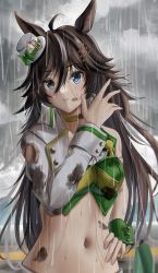 Rule 34 | 1girl, ahoge, aimi (tikichin0229), animal ears, arm belt, bandeau, blouse, blue eyes, breasts, brown hair, choker, cloud, cloudy sky, collarbone, commentary request, cowboy shot, cropped jacket, dirty, dirty clothes, dirty face, green bandeau, green shirt, hair between eyes, hair ornament, hairclip, hand on own hip, hand up, hat, highres, horse ears, horse girl, jacket, long hair, long sleeves, looking at viewer, medium breasts, midriff, mini hat, mini top hat, mr. c.b. (umamusume), navel, open clothes, open jacket, outdoors, parted lips, rain, shirt, sidelocks, single bare shoulder, single sleeve, sky, sleeve cuffs, solo, standing, top hat, umamusume, white hat, yellow choker