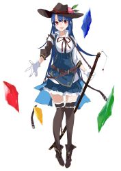 Rule 34 | 1girl, adapted costume, ankle boots, belt, black footwear, black thighhighs, blue hair, blue skirt, blush, boots, crystal, female focus, full body, gloves, hat, highres, hinanawi tenshi, lace, lace-trimmed legwear, lace trim, long hair, long sleeves, looking at viewer, miniskirt, open mouth, purple eyes, rainbow order, ribbon, shirt, simple background, skirt, smile, solo, standing, sword of hisou, tetsurou (fe+), thighhighs, touhou, underbust, white background, white gloves, white shirt, zettai ryouiki