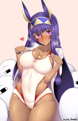 Rule 34 | 1girl, animal ears, blush, breasts, cleavage, commentary request, competition swimsuit, covered navel, dark-skinned female, dark skin, earrings, facial mark, fate/grand order, fate (series), hairband, heart, hoop earrings, jackal ears, jewelry, large breasts, long hair, looking at viewer, medjed (fate), necklace, nitocris (fate), nitocris (fate/grand order), nitocris (swimsuit assassin) (fate), nitocris (swimsuit assassin) (second ascension) (fate), one-piece swimsuit, purple eyes, purple hair, simple background, smile, solo, swimsuit, unadon, very long hair, white one-piece swimsuit