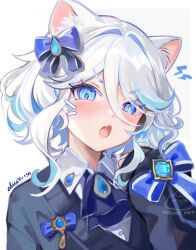 Rule 34 | 1girl, alice vu, animal ears, blue brooch, blue gemstone, blue hair, blue headwear, blush, cat ears, cat girl, collar, collared shirt, commentary, cowlick, drop-shaped pupils, english commentary, fang, furina (genshin impact), gem, genshin impact, highres, light blue hair, multicolored hair, open mouth, shirt, simple background, solo, symbol-shaped pupils, white background