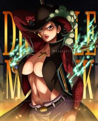 Rule 34 | 1girl, absurdres, belt, belt buckle, black coat, black hair, breasts, buckle, character name, clenched hand, closed mouth, coat, commentary, cross, cross necklace, cross pendant, dracule mihawk, english commentary, floral print, genderswap, genderswap (mtf), hat, hat feather, high collar, highres, holding, holding sword, holding weapon, jewelry, large breasts, looking at viewer, navel, necklace, no bra, one piece, open clothes, pants, rakara11 (rakkarts), red lips, ringed eyes, short hair, solo, sword, v-shaped eyebrows, weapon, white pants, yellow eyes, yoru (sword)
