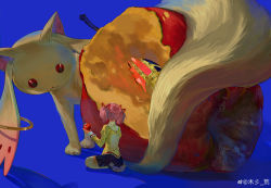 Rule 34 | 1girl, :3, absurdres, animal, apple, apple core, black footwear, black skirt, blue background, chinese commentary, collared jacket, commentary request, facing away, food, from side, fruit, hair ribbon, highres, holding, holding food, holding fruit, jacket, kaname madoka, kyubey, long sleeves, looking at another, mahou shoujo madoka magica, mahou shoujo madoka magica (anime), mitakihara school uniform, mu shan huang, oversized animal, oversized food, oversized object, pink hair, red eyes, ribbon, school uniform, seiza, shoes, short hair, short twintails, sitting, size difference, skirt, soul gem, surreal, tail, thighhighs, twintails, weibo watermark, weibo watermark, white thighhighs, yellow jacket