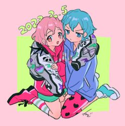 Rule 34 | 1boy, 1girl, blue eyes, blue hair, blue hoodie, blush, boots, brother and sister, closed mouth, commentary, crossdressing, curly hair, dated, dorothy west, frown, full body, grey jacket, hand on own arm, hood, hood down, hoodie, jacket, kneehighs, kneeling, reona west, long sleeves, looking at viewer, mole, mole under eye, open mouth, pants, pink background, pink eyes, pink footwear, pink hair, pink hoodie, pink pants, pretty series, pripara, rituyama1, shoes, short hair, siblings, smile, sneakers, socks, symbol-only commentary, trap, twins