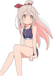 Rule 34 | 1girl, :/, absurdres, ahoge, bare arms, bare legs, bare shoulders, bikini, blush, breasts, brown eyes, commentary, dot nose, earrings, feet out of frame, genderswap, genderswap (mtf), grey hair, hair between eyes, hair ribbon, highres, jewelry, kosuda, long hair, looking to the side, midriff, multicolored hair, onii-chan wa oshimai!, oyama mahiro, pink hair, pink ribbon, purple bikini, ribbon, simple background, sitting, small breasts, solo, swimsuit, triangle earrings, two-tone hair, white background, zipper pull tab