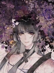 Rule 34 | 1girl, absurdres, black choker, blunt bangs, chest sarashi, chinese commentary, choker, collarbone, commentary, earrings, flower, grey hair, hair flower, hair ornament, highres, hime cut, japanese clothes, jewelry, kimono, looking at viewer, mole, mole under eye, path to nowhere, purple flower, purple kimono, red eyes, sarashi, single bare shoulder, single off shoulder, siyuanzi, solo, sumire (path to nowhere), upper body, yellow flower