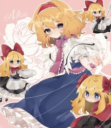 Rule 34 | 1girl, alice margatroid, apron, ayahi 4, back bow, belt, black dress, black footwear, blonde hair, blue dress, blush, bow, bowtie, capelet, character name, closed mouth, coffee, cup, doll, dress, english text, eyes visible through hair, floral background, flower, flying, gradient hair, hair between eyes, hair bow, hairband, hand up, hands up, long hair, long sleeves, looking at viewer, looking to the side, multicolored hair, necktie, open mouth, orange hair, pink background, pink belt, pink necktie, puffy short sleeves, puffy sleeves, red bow, red bowtie, red hairband, rose, shanghai doll, shoes, short hair, short sleeves, smile, socks, solo, spoon, standing, tea, touhou, tray, white apron, white bow, white flower, white rose, white socks, wrist cuffs, yellow eyes