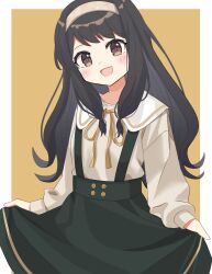 1girl black_hair blush bow brown_hair green_skirt hairband happy headband long_hair long_sleeves looking_at_viewer mizuki_(lvo0x0ovl) open_mouth original shirt skirt smile solo