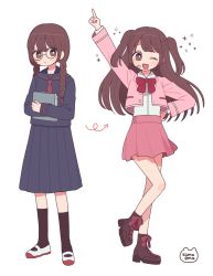 Rule 34 | 1girl, arm up, black legwear, black sailor collar, black shirt, black skirt, blush, boots, bow, bowtie, braid, bright pupils, brown eyes, brown footwear, commentary request, emma (kumaema), glasses, hand on own hip, highres, holding, idol, jacket, leg up, long hair, long sleeves, multiple views, one eye closed, open mouth, original, pink jacket, pleated skirt, purple bow, purple neckwear, purple skirt, red neckwear, sailor collar, school uniform, shirt, shirt tucked in, shoes, signature, simple background, skirt, smile, socks, twin braids, twintails, white background, white footwear, white pupils, white shirt