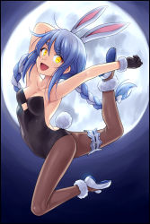 Rule 34 | 1girl, :d, animal ears, arms up, backless leotard, bare arms, black gloves, black leotard, black pantyhose, blue hair, braid, breasts, bridal garter, collarbone, commentary, english commentary, extra ears, full body, full moon, fur-trimmed gloves, fur trim, gloves, hikimayu, hololive, horizontal pupils, jumping, leotard, long hair, looking at viewer, medium breasts, moon, multicolored hair, noise (tsuzuki), open mouth, pantyhose, playboy bunny, rabbit ears, rabbit girl, rabbit tail, shoes, smile, solo, strapless, strapless leotard, tail, twin braids, two-tone hair, usada pekora, usada pekora (1st costume), virtual youtuber, white hair, yellow eyes