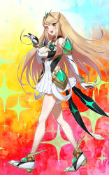 Rule 34 | 1girl, absurdres, bare legs, bare shoulders, blonde hair, breasts, chest jewel, cleavage cutout, clothing cutout, dress, earrings, elbow gloves, gloves, green322, highres, jewelry, large breasts, long hair, mythra (xenoblade), short dress, swept bangs, thigh strap, tiara, very long hair, white dress, white footwear, white gloves, xenoblade chronicles (series), xenoblade chronicles 2, yellow eyes