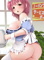 Rule 34 | 1girl, apron, ass, bare shoulders, blush, breasts, covered erect nipples, cup, from behind, holding, indoors, kozue akari, large breasts, looking at viewer, looking back, mug, no panties, open mouth, pink eyes, pink hair, plant, puffy short sleeves, puffy sleeves, saigyouji yuyuko, short hair, short sleeves, sideboob, solo, tareme, thighhighs, touhou, waist apron, white thighhighs, window, wrist cuffs