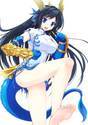 Rule 34 | 1girl, :d, animal ears, arm guards, barefoot, black hair, blue eyes, breasts, china dress, chinese clothes, clenched hands, colored eyelashes, dragon ears, dragon girl, dragon horns, dragon tail, dress, feet, fins, gauntlets, head fins, highres, horns, karin (p&amp;d), large breasts, long hair, monster girl, no panties, open mouth, puzzle &amp; dragons, ruton-niki, smile, soles, standing, standing on one leg, tail, taut clothes, taut dress, toes, white dress