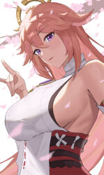 Rule 34 | 1girl, absurdres, animal ears, breasts, cherry blossoms, detached sleeves, fingernails, floppy ears, fox ears, fox girl, fox shadow puppet, genshin impact, hair between eyes, hair ornament, halo, higashiwun izumi, highres, large breasts, light blush, long hair, looking at viewer, open mouth, pink hair, purple eyes, raised eyebrows, red sash, sash, sideboob, sleeveless, smile, solo, turtleneck, white background, white sleeves, yae miko