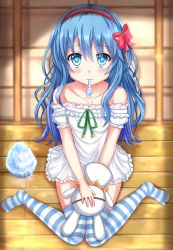 Rule 34 | 10s, 1girl, alternate costume, bare shoulders, blue eyes, blue hair, blush, bow, date a live, dress, food, hair bow, hairband, hand puppet, highres, kazenokaze, long hair, looking at viewer, matching hair/eyes, puppet, shaved ice, solo, striped clothes, striped thighhighs, stuffed toy, thighhighs, white dress, wooden floor, yoshino (date a live), yoshinon