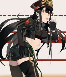 Rule 34 | 1girl, belt, black hair, black jacket, black thighhighs, boots, breasts, candy, crest, family crest, fate/grand order, fate (series), fingerless gloves, food, gloves, hand on own hip, jacket, leather, leather jacket, lollipop, long hair, looking at viewer, march ab, midriff, nail polish, oda nobunaga (fate), oda nobunaga (koha-ace), oda uri, pink nails, red eyes, short shorts, shorts, solo, sports bra, studded jacket, thigh boots, thighhighs, very long hair