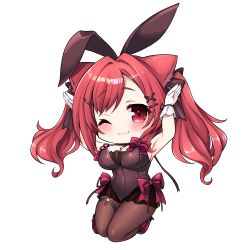 Rule 34 | 1girl, ;3, absurdres, animal ears, armpits, arms up, azur lane, bare shoulders, black bow, black leotard, blush, bow, breasts, cat ears, chibi, cleavage, closed mouth, commentary request, covered navel, fake animal ears, frills, full body, gloves, hair bow, hair intakes, hair ornament, hairclip, highres, i-19 (azur lane), i-19 (blossoming bunny) (azur lane), kinomiki nobori, large breasts, leotard, long hair, looking at viewer, one eye closed, pantyhose, playboy bunny, purple bow, rabbit ears, rabbit pose, red eyes, red hair, ribbon, sidelocks, simple background, smile, solo, strapless, strapless leotard, thigh strap, transparent background, twintails, white background, white gloves, wrist ribbon, x hair ornament