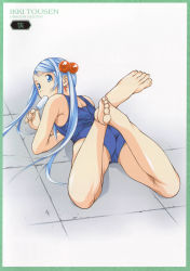 Rule 34 | 00s, 1girl, absurdres, ass, back, barefoot, blue eyes, blue hair, border, child, earrings, feet, fingernails, flat chest, food, foot focus, from behind, hair bobbles, hair ornament, highres, ikkitousen, ikkitousen dragon destiny, jewelry, legs, crossed legs, legs up, long fingernails, long hair, looking back, lying, magatama, magatama earrings, matching hair/eyes, official art, on ground, on stomach, one-piece swimsuit, popsicle, school swimsuit, shiozaki yuji, shokatsuryou koumei, solo, swimsuit, the pose, trefoil, twintails, very long hair