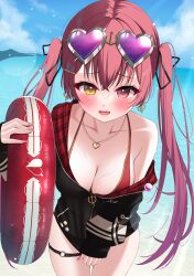 Rule 34 | 1girl, absurdres, anchor symbol, bikini, black jacket, blue sky, blush, breasts, cleavage, cloud, day, earrings, eyewear on head, fang, fingernails, hair ornament, hairclip, heart, heart-shaped eyewear, heart earrings, heart necklace, heterochromia, highres, hololive, houshou marine, houshou marine (summer), innertube, jacket, jewelry, large breasts, long hair, mugino0515, necklace, no headwear, official alternate costume, open mouth, outdoors, pink-tinted eyewear, red bikini, red eyes, red hair, sky, solo, sunglasses, swim ring, swimsuit, thigh strap, tinted eyewear, twintails, virtual youtuber, yellow eyes