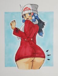 Rule 34 | absurdres, ass, ass focus, blue background, blue eyes, blue hair, blush, border, creatures (company), dawn (pokemon), dress, game freak, hair ornament, hat, highres, jacket, looking at viewer, matching hair/eyes, nintendo, pokemon, pokemon dppt, pokemon platinum, red jacket, scarf, shadow-crimson00, short dress, surprised, watch, white border