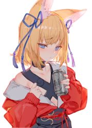 Rule 34 | 1girl, alcohol, animal ear fluff, animal ears, asahi breweries, beer, beer can, blonde hair, blue eyes, blue ribbon, blunt bangs, blush, can, commentary, drink can, drunk, fox ears, hair ribbon, hatano charo, highres, holding, holding can, izumi sai, jacket, long sleeves, obi, parted lips, red jacket, ribbon, sash, short hair, simple background, sketch, solo, unworn jacket, upper body, vgaming, virtual youtuber, white background
