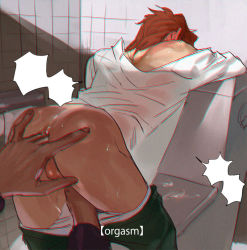 Rule 34 | 1boy, anal, anal fingering, back, blouse, clothes pull, collared shirt, cum, ejaculating while penetrated, ejaculation, emg (christain), fingering, from behind, handjob, jojo no kimyou na bouken, kakyoin noriaki, male focus, male penetrated, penis, red hair, shirt, solo focus, white shirt