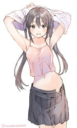 Rule 34 | 1girl, :d, armpits, arms up, black hair, black skirt, blue eyes, blush, camisole, cowboy shot, hair between eyes, hanekoto, long hair, looking at viewer, navel, open mouth, original, pleated skirt, shirt, sidelocks, simple background, sketch, skirt, smile, solo, twintails, twitter username, undressing, white background, white shirt