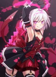 Rule 34 | 1girl, alice (mary skelter), armpits, black thighhighs, breasts, cleavage, collar, cowboy shot, dress, garter straps, gloves, hair ornament, hairclip, licking lips, looking at viewer, mary skelter, mizunashi (second run), pink eyes, sleeveless, solo, thighhighs, tongue, tongue out, white hair