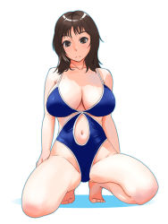 Rule 34 | 1girl, bare shoulders, barefoot, breasts, brown eyes, brown hair, cleavage, groin, huge breasts, jt dong-agyoku, navel, one-piece swimsuit, original, solo, squatting, swimsuit