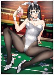 Rule 34 | 1girl, animal ears, arm behind back, arm up, bare shoulders, black-framed eyewear, black hair, black pantyhose, blue eyes, blurry, blurry background, blush, bow, bowtie, breasts, card, casino, detached collar, doushimasho, earrings, fake animal ears, glasses, high heels, highleg, highleg leotard, highres, holding, holding card, indoors, jewelry, large breasts, leotard, lights, long hair, nail polish, original, pantyhose, pink nails, playboy bunny, playing card, poker chip, poker table, rabbit ears, sitting, sitting on table, spread legs, strapless, strapless leotard, table, white bow, white bowtie, white footwear, white leotard, wrist cuffs